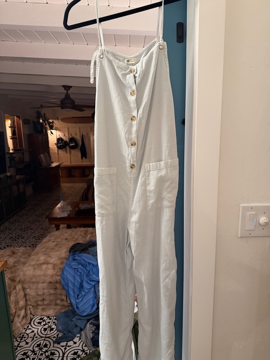 Billabong Pants - Billabong Pale Blue Button-Front Tie-Strap Jumpsuit